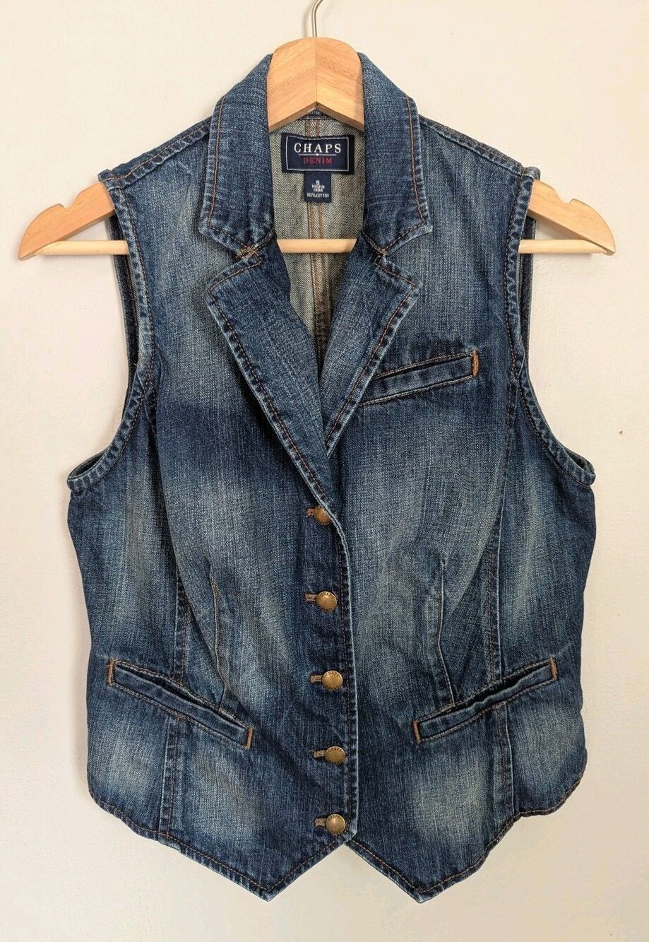 Y2K Chaps Blue Denim Vest Top S Button Up Fitted Grunge Western Cowgirl Cotton